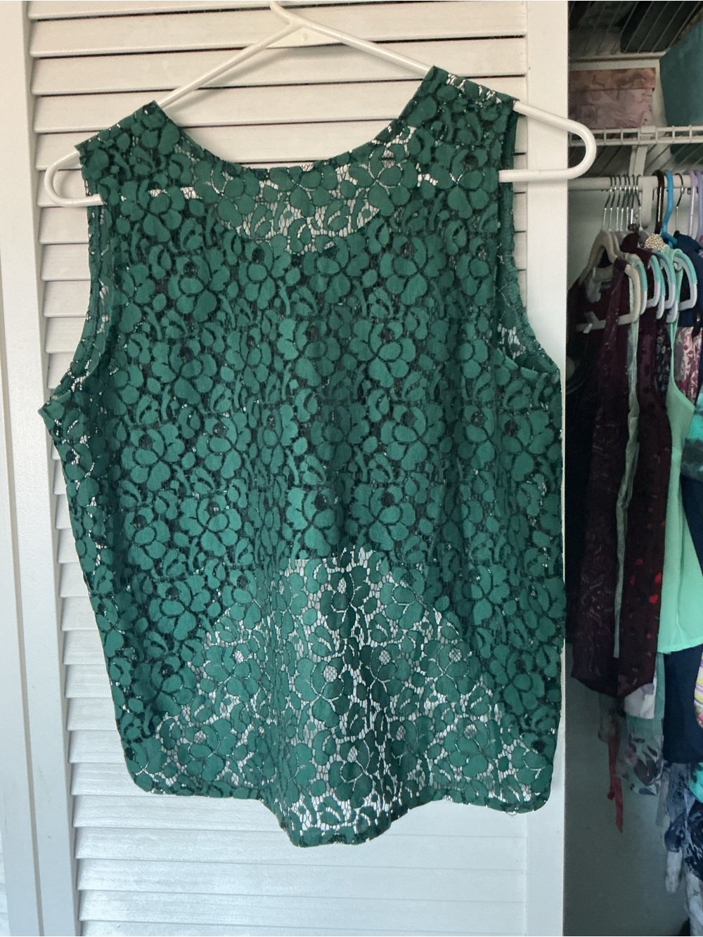 Forest Green Floral Lace Sleeveless Blouse - Picture 3 of 4